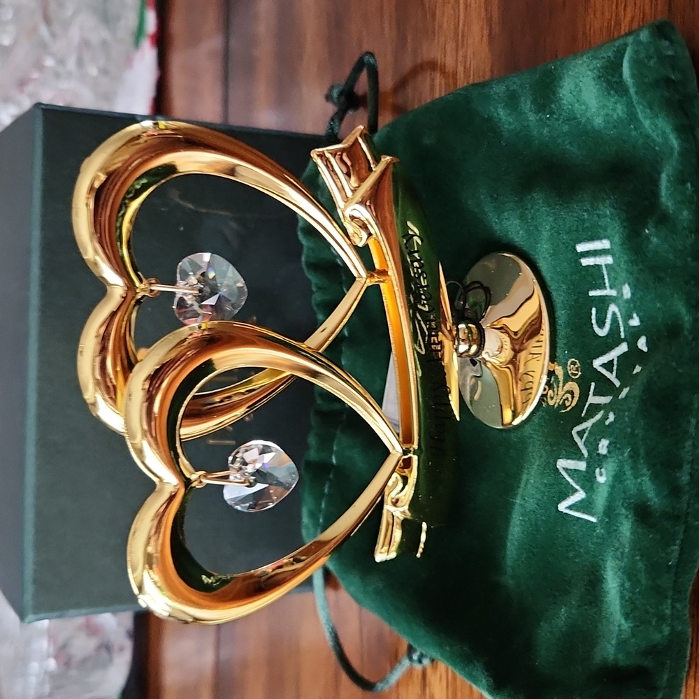 Matashi 24kt Gold Plated Happy Anniversary Double Heart With Genuine Crystal